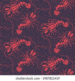 Caridea seamless pattern. Indigo background with red crayfish. Kimono design japan style. Traditional vintage fabric print. 