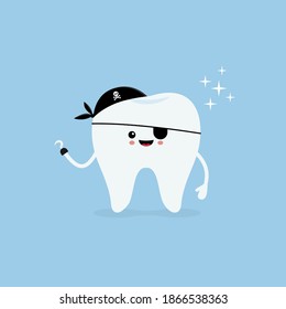 Caries bad tooth. Cute pirate tooth with one hook hand. Dentistry, mouth hygiene. Vector illustration