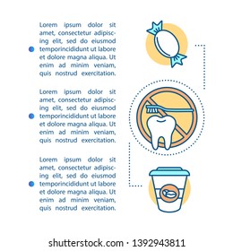 Caries causes article page vector template. Food harmful to teeth. Brochure, magazine, booklet design element with linear icons and text boxes. Print design. Concept illustrations with text space