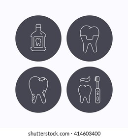 Caries, dental crown and mouthwash icons. Brushing teeth linear sign. Flat icons in circle buttons on white background. Vector