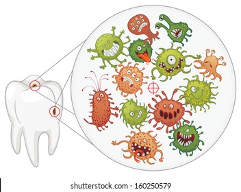 Caries. Funny bacteria and tooth. Vector illustration. Isolated on white background