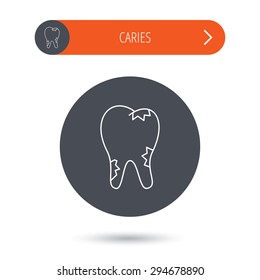 Caries icon. Tooth health sign. Gray flat circle button. Orange button with arrow. Vector