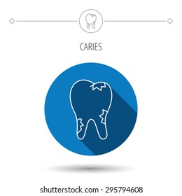 Caries icon. Tooth health sign. Blue flat circle button. Linear icon with shadow. Vector