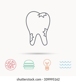Caries icon. Tooth health sign. Global connect network, ocean wave and burger icons. Lightbulb lamp symbol.