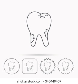 Caries icon. Tooth health sign. Linear circle, square and star buttons with icons.