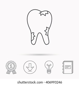 Caries icon. Tooth health sign. Download arrow, lamp, learn book and award medal icons.