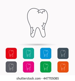 Caries icon. Tooth health sign. Linear icons in squares on white background. Flat web symbols. Vector