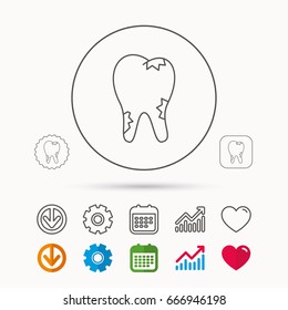 Caries icon. Tooth health sign. Calendar, Graph chart and Cogwheel signs. Download and Heart love linear web icons. Vector