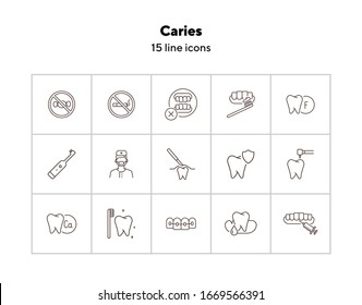Caries icons. Set of line icons. Dentist, tooth, pain. Medicine concept. Vector illustration can be used for topics like stomatology, treatment, patient