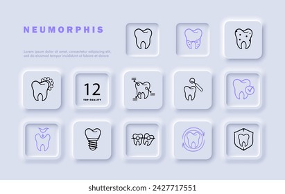 Caries line icon set. Dentist, dental care, oral health, check-up, examination, magnifying glass, caries, shield, pin, gears. Neomorphism style. Vector line icon for business and advertising