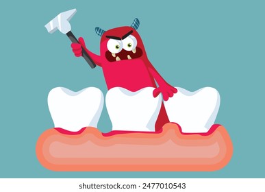 
Monstruo de caries destruyendo la Ilustración vectorial de dientes saludables. Problemas de salud dental por daño bacteriano 
