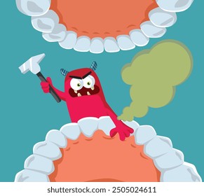 
Caries Monster Destroys the Teeth Vector Cartoon Illustration. Dental health problems from bacterial damage 
