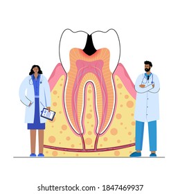 Caries, pain in mouth, toothache disease. Dental clinic logo. Doctor dentist, stomatology, tooth anatomy poster. Oral hygiene medicine, pills, diagnosis and treatment flat isolated vector illustration