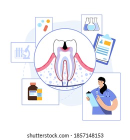 Caries, pain in mouth, toothache disease. Dental clinic logo. Doctor dentist, stomatology, tooth anatomy poster. Oral hygiene medicine, pills, diagnosis and treatment flat isolated vector illustration