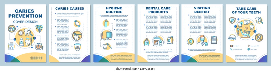 Caries prevention brochure template layout. Dental health care. Flyer, booklet, leaflet print design with linear illustrations. Vector page layouts for magazines, annual reports, advertising posters