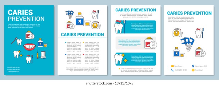 Caries prevention brochure template layout. Dental clinic. Flyer, booklet, leaflet print design with linear illustrations. Vector page layouts for magazines, annual reports, advertising posters