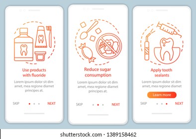 Caries prevention onboarding mobile app page screen with linear concepts. Dentistry. Oral health care walkthrough steps graphic instructions. UX, UI, GUI vector template with illustrations