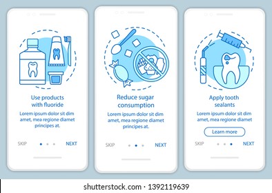 Caries prevention onboarding mobile app page screen with linear concepts. Dentistry. Dental health care walkthrough steps graphic instructions. UX, UI, GUI vector template with illustrations