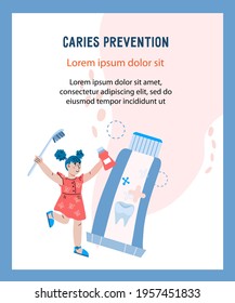 Caries prevention and oral health banner with cute child girl with toothbrush and tube of toothpaste. Kids oral care and pediatric dentistry, Cartoon vector illustration isolated.