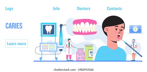 Caries, tartar or tooth cyst treatment. Dentist concept vector. Dental crown and filling, whitening of teeth. Removal tooth and x-ray. Orthodontist treat  pulpitis, periostitis, alveolitis.