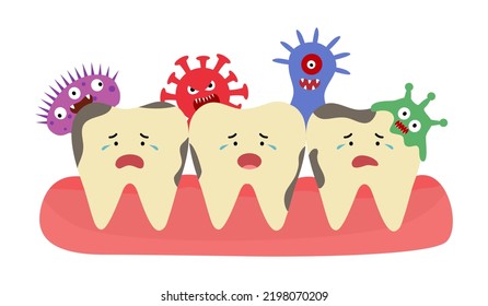 Caries Tooth With Bacteria Cartoon Character In Flat Design. Dental Cavity Problem.