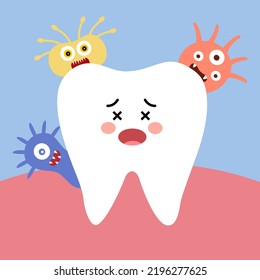 Caries Tooth With Bacteria Cartoon In Flat Design. Dental Cavity Problem.