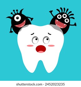 Caries tooth with bacteria cartoon in flat design. Dental cavity problem.