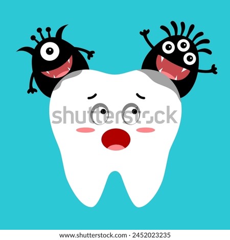 Caries tooth with bacteria cartoon in flat design. Dental cavity problem.