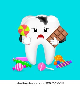 Caries tooth character with candy. Dental care concept. Illustration.