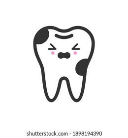 Caries tooth with emotional face, cute vector icon illustration. Line style isolated image