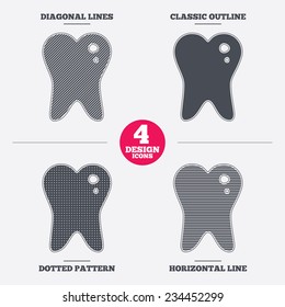 Caries tooth icon. Tooth filling sign. Dental care symbol. Diagonal and horizontal lines, classic outline, dotted texture. Pattern design icons.  Vector