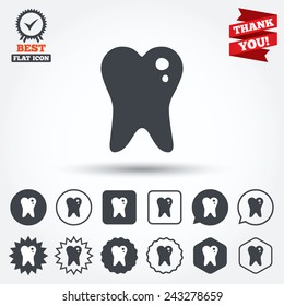 Caries tooth icon. Tooth filling sign. Dental care symbol. Circle, star, speech bubble and square buttons. Award medal with check mark. Thank you ribbon. Vector