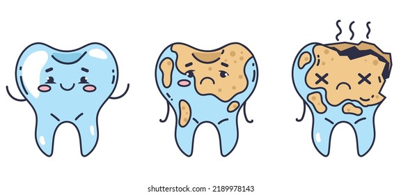 Caries escalones dentarios cavidad dientes caries absceso dental línea de arte dibujo doodle aislado conjunto. Ilustración del diseño gráfico del vector