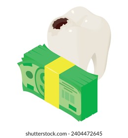 Caries treatment icon isometric vector. Caries damaged tooth near dollar stack. Dentistry, stomatology, healthcare concept