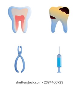 Caries treatment icons set cartoon vector. Human tooth and dental instrument. Dental clinic service