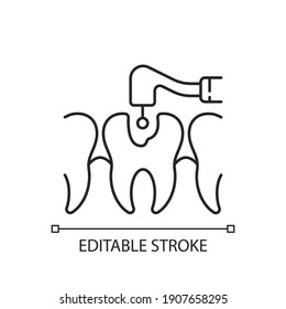 Icono lineal de tratamiento de caries. Atención odontológica profesional. Restauración de la corona. Canal raíz endodontico.Ilustración personalizable de línea delgada. Símbolo de contorno. Dibujo de contorno aislado del vector. Trazo editable