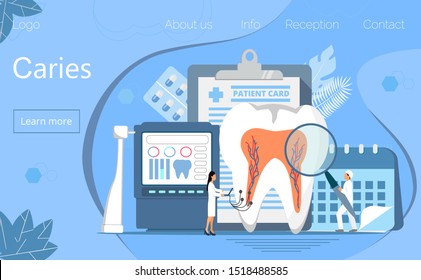 Caries vector concept for dentist landing page. Tiny dentists help toothache, treat pulpitis, to whiten enamel or recovery implant. National Dental Hygiene Month celebrated in October. 