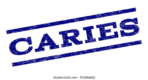 Caries watermark stamp. Text caption between parallel lines with grunge design style. Rubber seal stamp with unclean texture. Vector navy blue color ink imprint on a white background.
