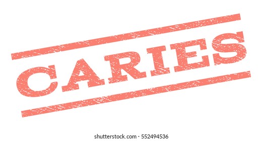 Caries watermark stamp. Text tag between parallel lines with grunge design style. Rubber seal stamp with dust texture. Vector salmon color ink imprint on a white background.