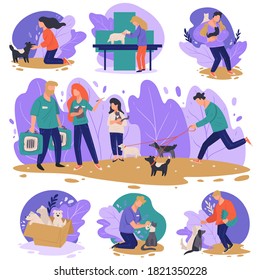 Caring for abandoned animals, set of characters or volunteers communicating with dogs and cats from shelters or adoption centers. Box with puppies, woman playing with canine, vector in flat style
