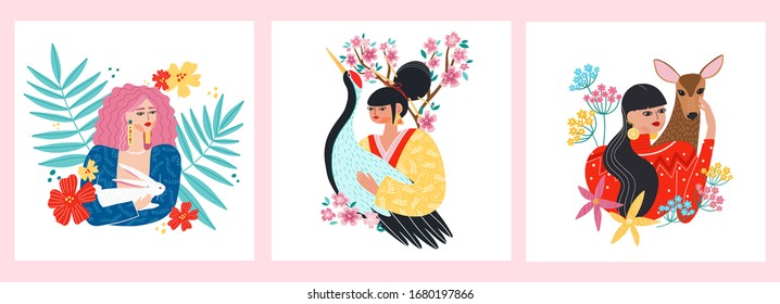 Caring about ecology and fauna diversity. Wildlife protection and rescue concept. Girls holding rabbit, crane, roe deer isolated vector illustration. Woman loves and protects wild animals and birds.