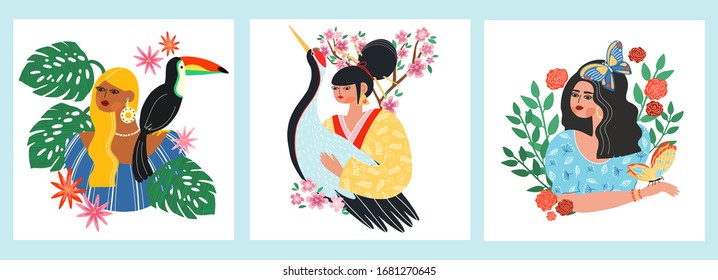 Caring about ecology and fauna diversity. Wildlife protection and rescue concept. Girls holding toucan, crane, butterfly isolated vector illustration. Woman loves and protects insects and birds.