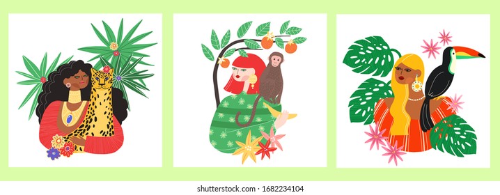 Caring about ecology and fauna diversity. Wildlife protection and rescue concept. Girls holding leopard, monkey, toucan isolated vector illustration. Woman loves and protects wild animals and birds.