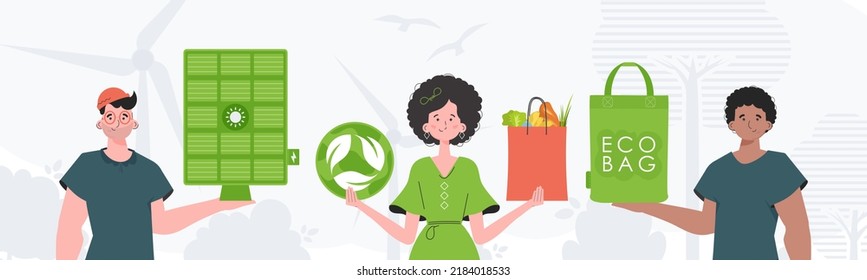 Caring about the environment. ECO friendly People. trendy style. Vector illustration.