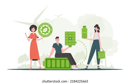 Caring about the environment. ECO friendly People. Fashion characters. Vector illustration.