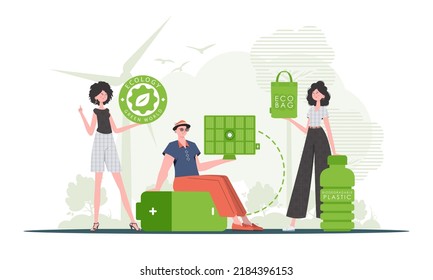 Caring about the environment. ECO friendly People. Flat trendy style. Vector.