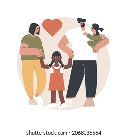 Los padres adoptivos cuidadosos abstraen el concepto de ilustración vectorial. Cuidado de acogida, padre en adopción, familia interracial feliz, diversión, juntos en casa, metáfora abstracta de pareja sin hijos.