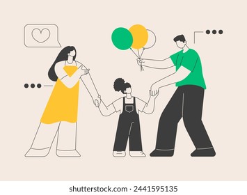 Ilustración vectorial de concepto abstracto de padres adoptivos. Cuidado de acogida, padre en adopción, familia interracial feliz, divertirse, juntos en casa, pareja sin hijos metáfora abstracta.