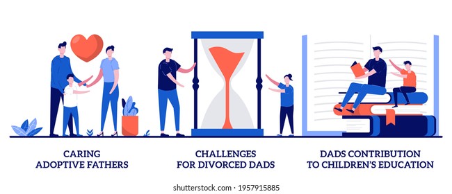 Caring adoptive parents, divorced dads challenges, dads contribution to children's education concept with tiny people. Single father teaching son, children raising, family life metaphor.