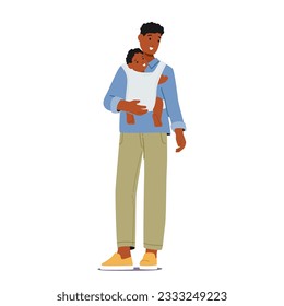 Caring African American Father Character Embraces His Baby In A Sling, Fostering A Close Bond And Allowing For Convenient Hands-free Mobility And Nurturing. Cartoon People Vector Illustration